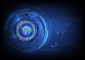 World map blue eye ball abstract cyber future technology concept background, illustration vector.