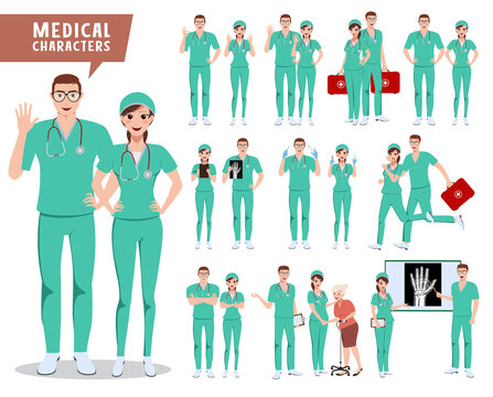 Medical surgeon vector character set. Doctor, nurse and hospital workers with various poses holding medical tools for presentation. Vector illustration.