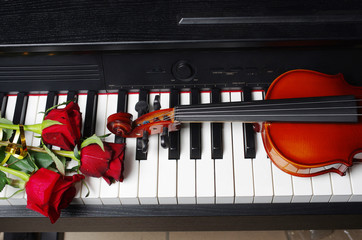 Violin and a bouquet of red roses on the piano keyboard