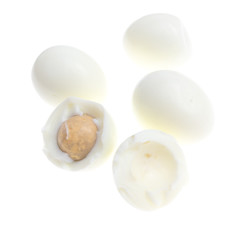 Obraz na płótnie Canvas Peeled boiled eggs on a white background