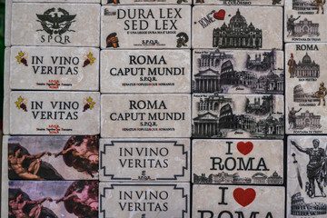 Collection of fridge magnets with different landmarks of Rome