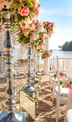 Wedding set up on beach. Tropical outdoor wedding party on beach