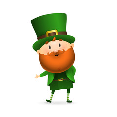 Smiling bearded leprechaun. Happy Irish man in green costume and hat showing something. Can be used for topics like Saint Patrick day, Ireland, holiday 