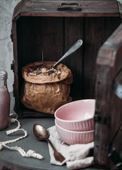 granola on rustic background. healty morning concept