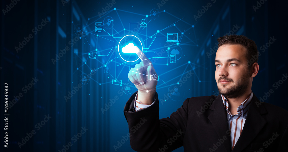 Poster Man touching hologram projection displaying cloud system 
