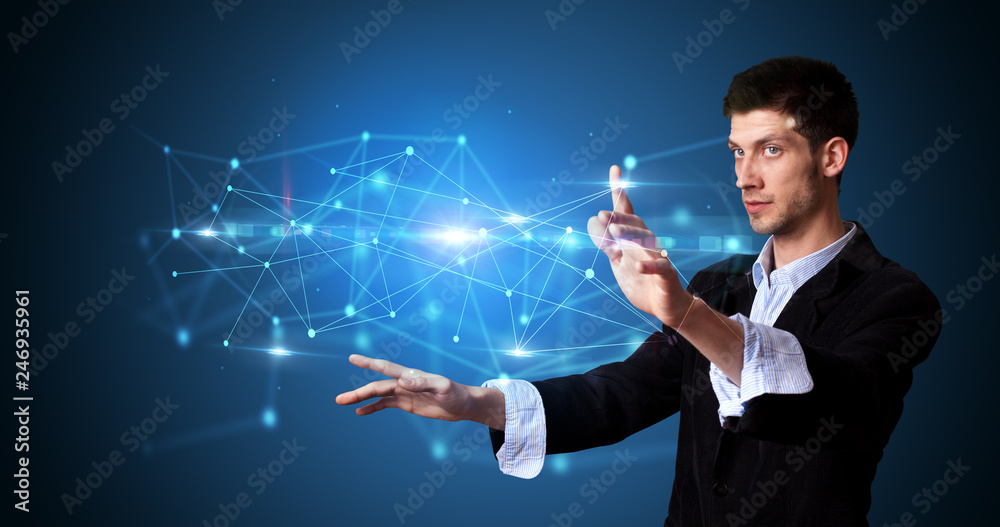 Aufkleber Man touching hologram screen displaying modern web system
