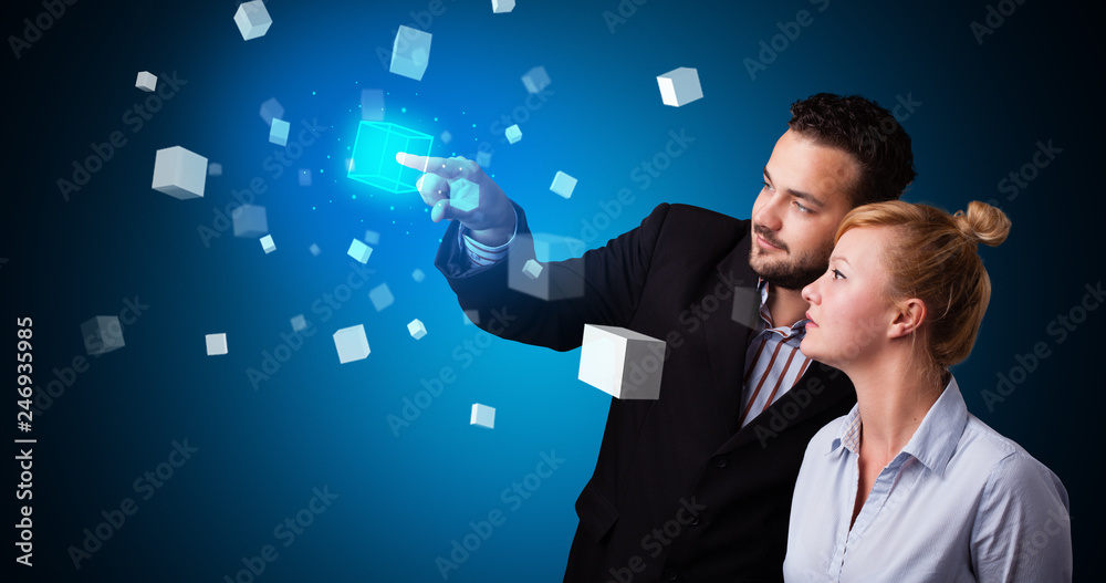 Poster man and woman touching hologram screen displaying cube symbols