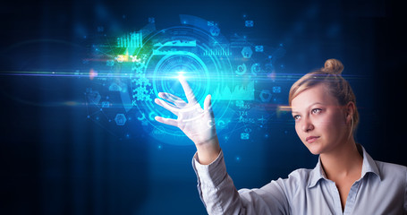Woman touching hologram screen displaying medical symbols and charts
