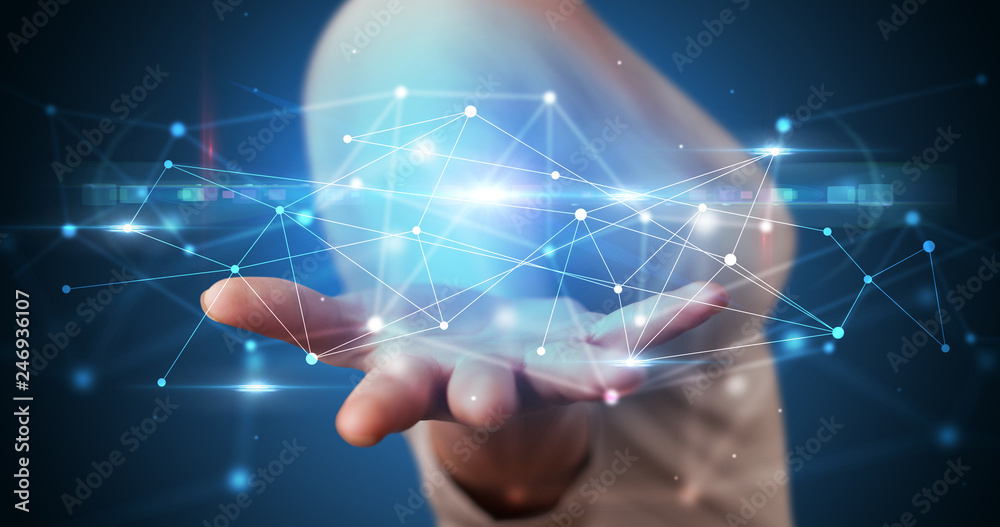Aufkleber Handsome person holding hologram screen displaying modern cloud based web system technology
