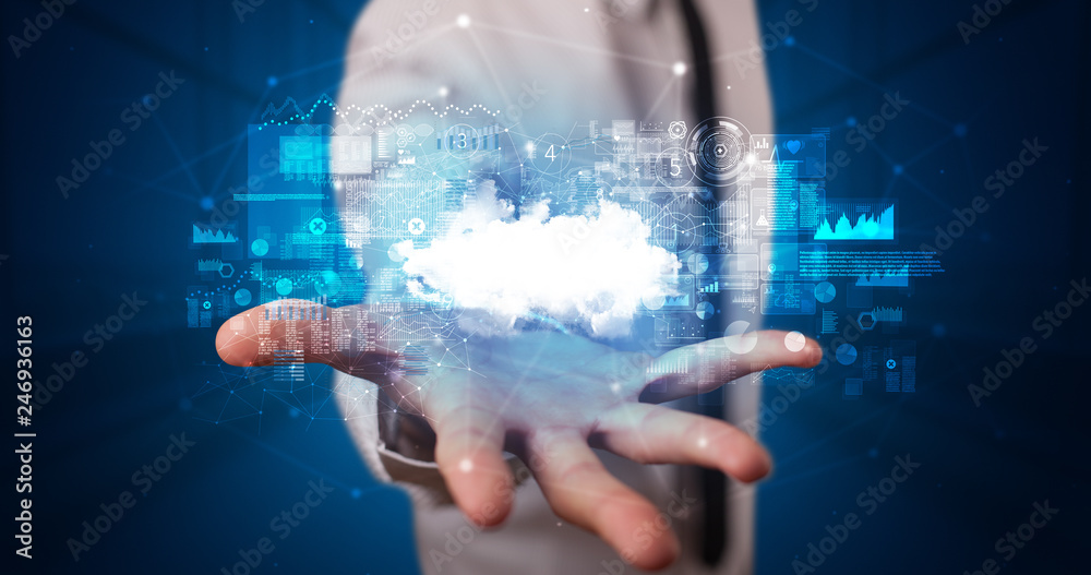 Aufkleber person holding hologram screen displaying information from cloud based system