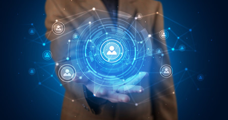 Young person holding hologram screen displaying security infomartions
