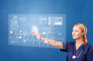 Doctor touching hologram screen displaying healthcare running symbols

