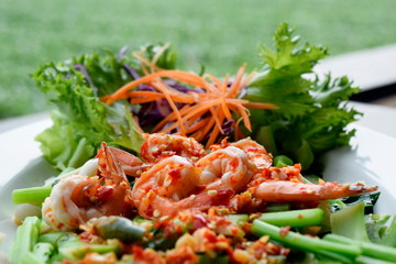 Thai style food, Kale salad with shrimp.