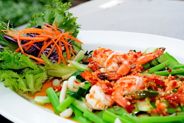 Thai style food, Kale salad with shrimp.