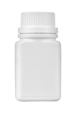 Medicine bottle made of white plastic, isolated on white background.