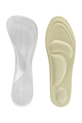 Orthopedic insoles for shoes, health accessories for walking. Textile and silicon insoles isolated on white background, clipping path included