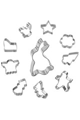 Metallic cookie cutter forms shaped like animals, Christmas tree ans abstract cake molds. Funny cake forms isolated on white background, clipping paths included