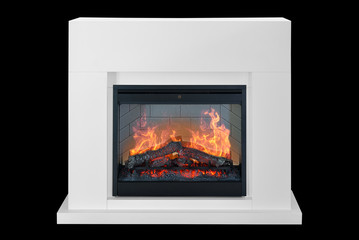 White wooden burning fireplace with roaring flames. Isolated on black background, clipping path included. Fireplace as a piece of furniture