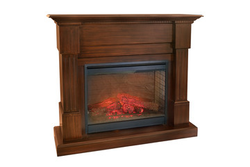 Brown wooden burning fireplace with roaring flames, with classic elegant design. Isolated on white background, clipping path included. Fireplace as a piece of furniture