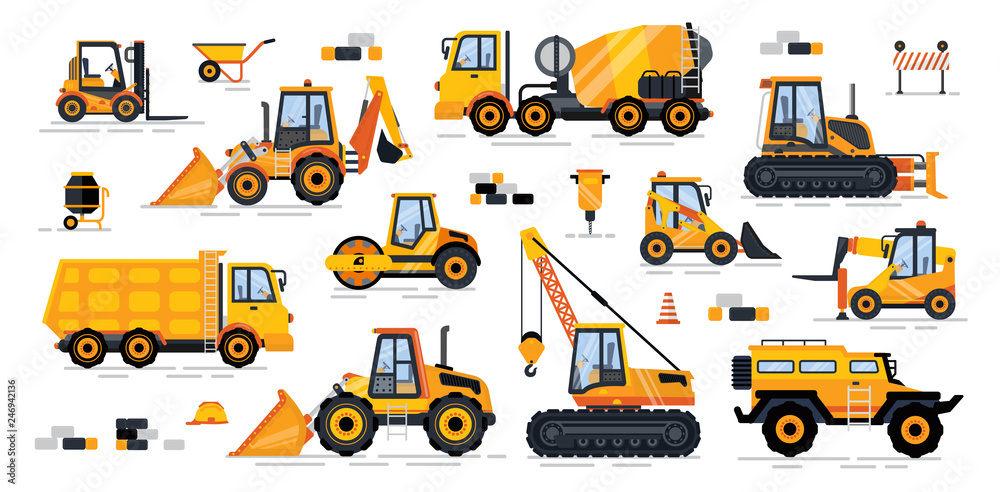 Wall mural cement mixer industrial machinery isolated icons set vector. machines for building and construction 