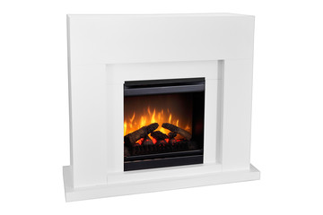 White wooden burning fireplace with roaring flames. Isolated on white background, clipping path included. Modern design fireplace as a piece of furniture