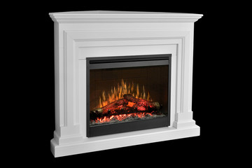 White wooden triungular fireplace with roaring flames, classic elegant design. Isolated on black background, clipping path included. Fireplace as a piece of furniture