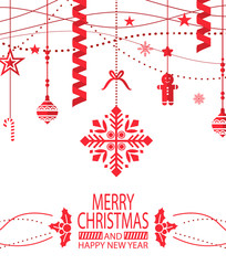 Naklejka na ściany i meble Merry Christmas and happy New Year greeting poster vector. Mistletoe and gingerbread man, confetti and star shaped toys, decoration of home xmas symbols