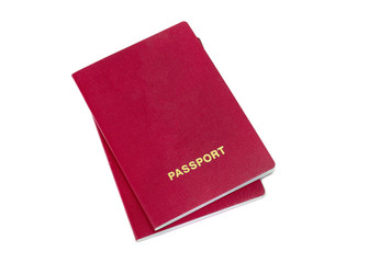 Pair of red passports isolated on white background.