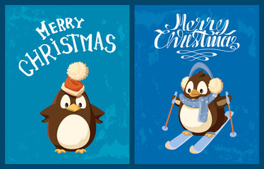 Penguin in Santa hat and earmuffs on skis greeting card. Bird in scarf and sticks, festive headdress, winter sport, Christmas and New Year holidays vector