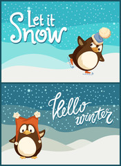 Merry Christmas hello winter let it snow posters set vector. Animal wearing warm knitted hat with fluffy cloth, snowfall weather character on snowy lands