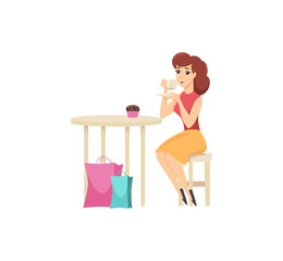 Female shopper tired from shopping, took pause to eat cake vector. Sweet dessert and coffee in mug, beverage and food. Woman with purchased paper bags