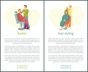 Barber shop and hair styling web posters hairdresser cutting or shaving beard and mustaches to man in armchair. Hairstyle salons with hairdressers