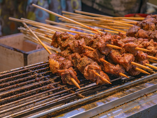 Close up Grilled Chicken on Street food Stall at zhangjiajie city China.China Local Food travel