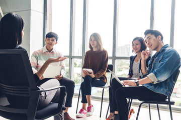 Group of casual business discussing and working.creative business people planning and brainstorm in modern workloft.Teamwork concept