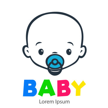Logotipo con texto BABY con caricatura de cara de bebé lineal color gris y chupete color azul
