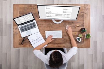 Fototapeta na wymiar Businesswoman Checking Invoice On Computer