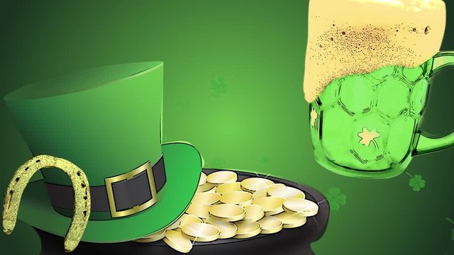 St Patrick's day animation, clover leafs rotating in the background with leprechaun hut, horseshoe and green beer, cartoon