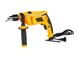 Fototapeta premium Brand new, yellow color, impact drill, isolated on white background, studio shot.