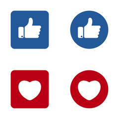 Thumbs up and heart button icon. Like and heart symbol for your web site design, logo.