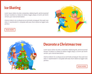 Ice skating and decorate Christmas tree posters. Children on rink playing together in winter vector. Boy and girl decorating Xmas spruce by garlands and balls