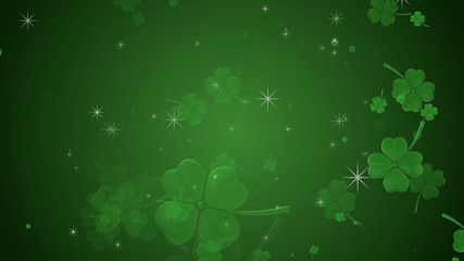 St Patrick's day illustration, clover leafs rotating on the green background with sparkles