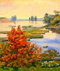 Fototapeta premium Akwarela krajobraz. Nad jeziorem nadeszła jesień