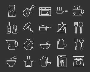set of kitchen tools icons, such as knife, plate, oven, pan, fork, bowl, mixer