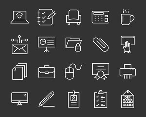 set of office icons, such as meeting room, document, coffee, paper, pen, laptop