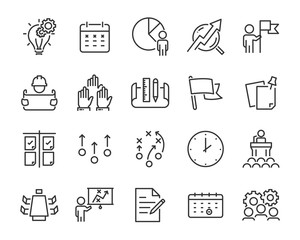 set of planning icons, such as strategy, time, meeting, brainstorm, vote, action plan
