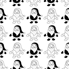 Cute cartoon santa claus print with hand drawn santa. Sweet vector black and white santa claus print. Seamless monochrome doodle santa claus print for textile, wallpapers, wrapping paper and cards.