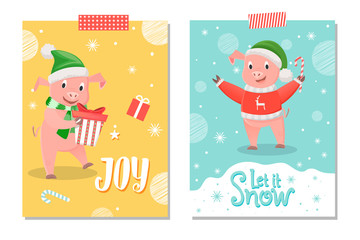 Fototapeta premium Let it snow and joy postcard, piglet New Year symbol with gift box. Pig in red sweater with reindeer and green hat wishing Merry Christmas vector on snowflakes