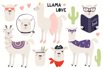 Set of cute funny llamas, Christmas, astronaut, ballerina, pirate, superhero. Isolated objects on white. Hand drawn vector illustration. Scandinavian style flat design. Concept for children print.