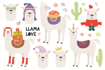 Deurstickers Set of cute funny llamas, Christmas, superhero, princess, unicorn. Isolated objects on white background. Hand drawn vector illustration. Scandinavian style flat design. Concept for children print. © Maria Skrigan