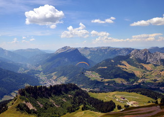 Airshop while paragliding in French Alps with a view on Aravis Range and Mont Blanc